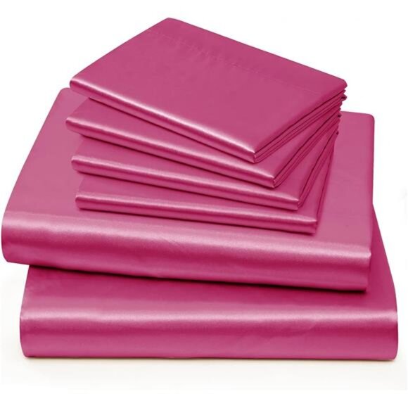 Horbaunal 6 Piece Satin Sheet Set King Size Luxury Silky & Soft Hot Pink Satin - Picture 12 of 16